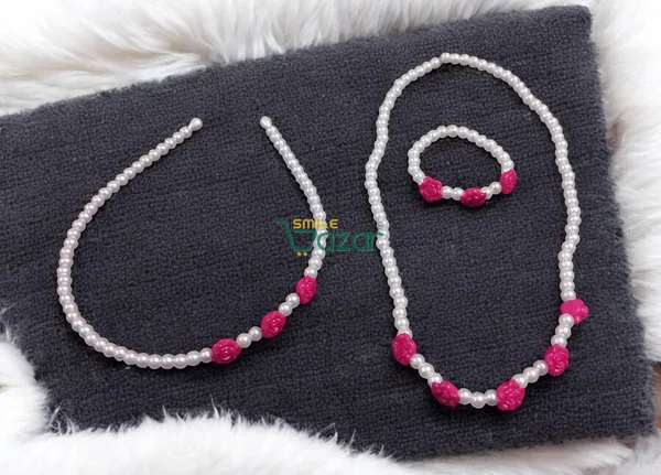 Handmade_Stretchable_Lovely_Kids_Girls_Beaded_Necklace_,_Bracelet_&_Hairband_Sets__For_Princess_Girls_Gift__Jewellery_-_White_&_Magenta_Pink