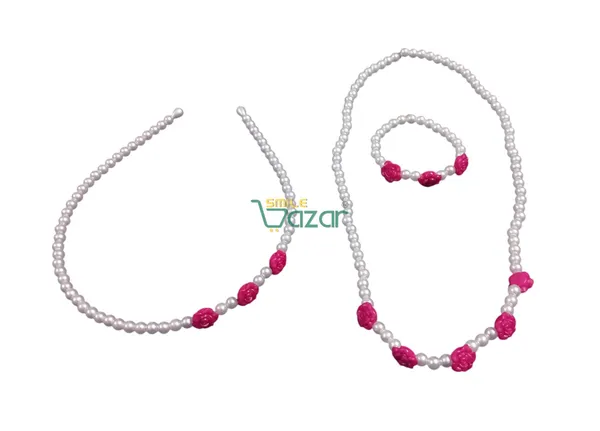 Handmade_Stretchable_Lovely_Kids_Girls_Beaded_Necklace_,_Bracelet_&_Hairband_Sets__For_Princess_Girls_Gift__Jewellery_-_White_&_Magenta_Pink