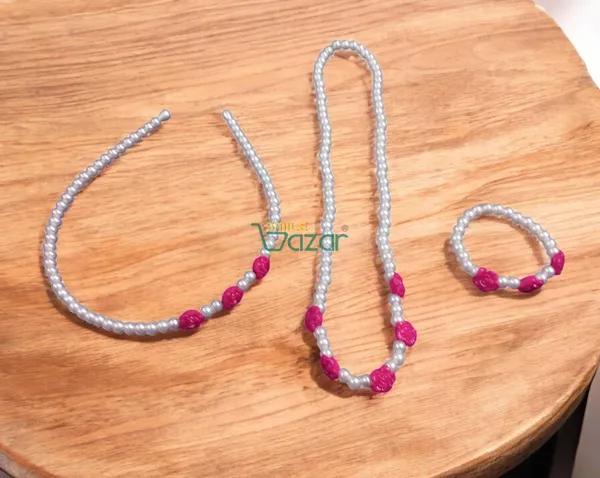 Handmade_Stretchable_Lovely_Kids_Girls_Beaded_Necklace_,_Bracelet_&_Hairband_Sets__For_Princess_Girls_Gift__Jewellery_-_White_&_Magenta_Pink