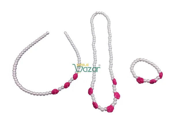 Handmade_Stretchable_Lovely_Kids_Girls_Beaded_Necklace_,_Bracelet_&_Hairband_Sets__For_Princess_Girls_Gift__Jewellery_-_White_&_Magenta_Pink