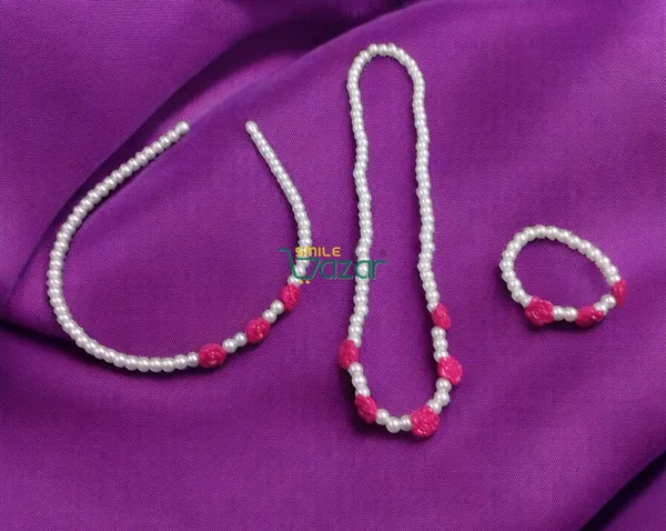 Handmade_Stretchable_Lovely_Kids_Girls_Beaded_Necklace_,_Bracelet_&_Hairband_Sets__For_Princess_Girls_Gift__Jewellery_-_White_&_Magenta_Pink