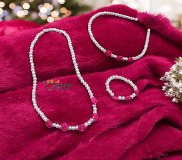 Handmade_Stretchable_Lovely_Kids_Girls_Beaded_Necklace_,_Bracelet_&_Hairband_Sets__For_Princess_Girls_Gift__Jewellery_-_White_&_Magenta_Pink