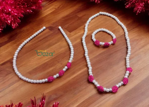 Handmade_Stretchable_Lovely_Kids_Girls_Beaded_Necklace_,_Bracelet_&_Hairband_Sets__For_Princess_Girls_Gift__Jewellery_-_White_&_Magenta_Pink