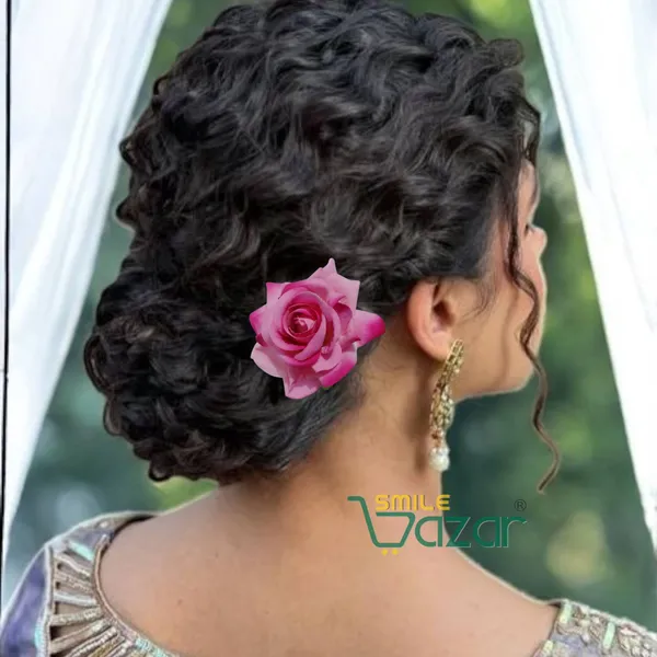 LIGHT_PINK_Rose_Bridal_Hair_Pin_Bun_Pin_Accessories_/_Fancy_Golden_Juda_Pins_with_Artificial_Big_Size_Rose_Hair_Pin_for_Women_and_Girls_hair_pins_for_women_wedding_-_Set_of_2_PCs