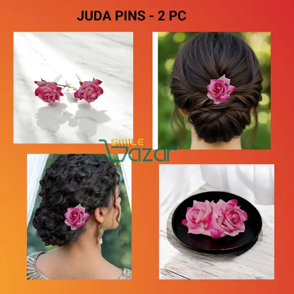 LIGHT_PINK_Rose_Bridal_Hair_Pin_Bun_Pin_Accessories_/_Fancy_Golden_Juda_Pins_with_Artificial_Big_Size_Rose_Hair_Pin_for_Women_and_Girls_hair_pins_for_women_wedding_-_Set_of_2_PCs
