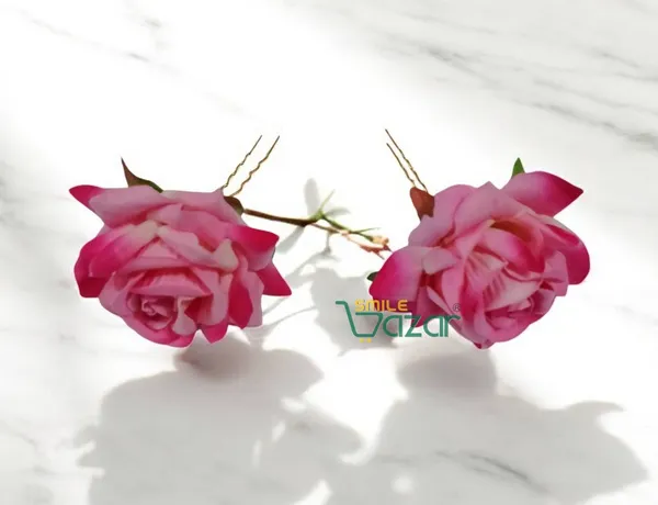 LIGHT_PINK_Rose_Bridal_Hair_Pin_Bun_Pin_Accessories_/_Fancy_Golden_Juda_Pins_with_Artificial_Big_Size_Rose_Hair_Pin_for_Women_and_Girls_hair_pins_for_women_wedding_-_Set_of_2_PCs