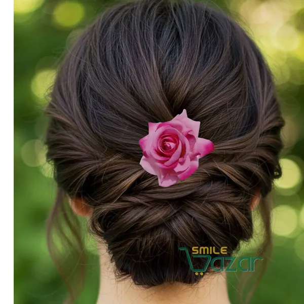 LIGHT_PINK_Rose_Bridal_Hair_Pin_Bun_Pin_Accessories_/_Fancy_Golden_Juda_Pins_with_Artificial_Big_Size_Rose_Hair_Pin_for_Women_and_Girls_hair_pins_for_women_wedding_-_Set_of_2_PCs