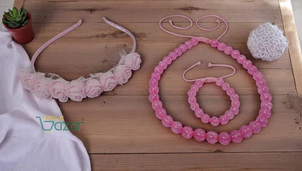 PINK_Handmade_Adjustable_Lovely_Kids_/_Girls_Beaded_Necklace_,_Bracelet_&_Hairband_Sets__for_Princess_Girls_Gift__Jewellery