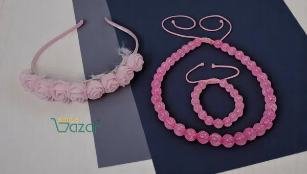 PINK_Handmade_Adjustable_Lovely_Kids_/_Girls_Beaded_Necklace_,_Bracelet_&_Hairband_Sets__for_Princess_Girls_Gift__Jewellery