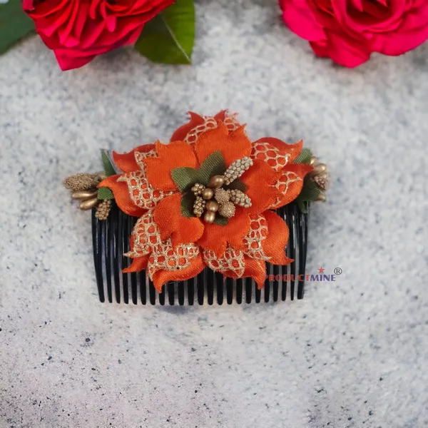 Orange_Floral_Hair_Comb_Pin_Floral_For_Women_And_Girls_Hair