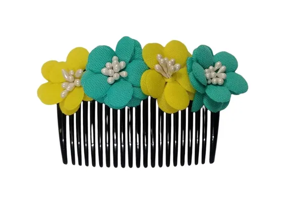 Yellow_And_Turquoise_Green_Floral_Hair_Comb_Pin_Floral_For_Women_And_Girls_Hair