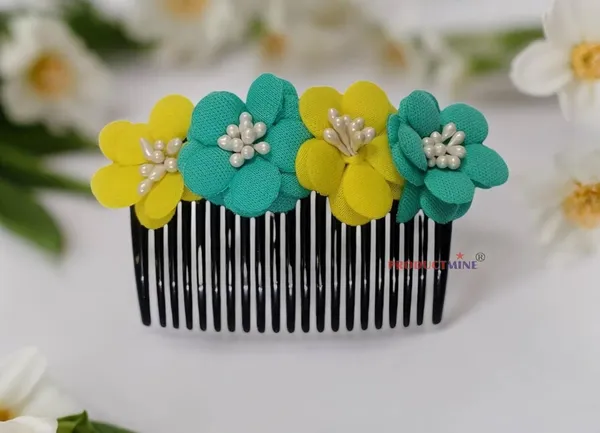 Yellow_And_Turquoise_Green_Floral_Hair_Comb_Pin_Floral_For_Women_And_Girls_Hair