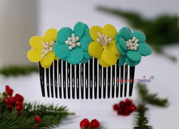 Yellow_And_Turquoise_Green_Floral_Hair_Comb_Pin_Floral_For_Women_And_Girls_Hair