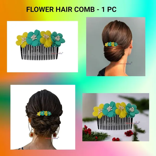 Yellow_And_Turquoise_Green_Floral_Hair_Comb_Pin_Floral_For_Women_And_Girls_Hair