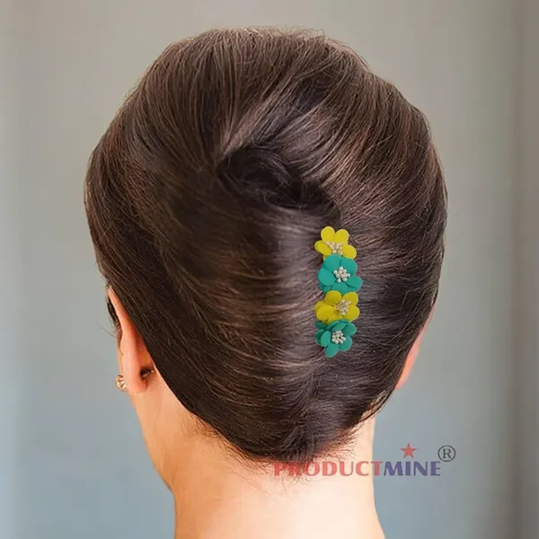 Yellow_And_Turquoise_Green_Floral_Hair_Comb_Pin_Floral_For_Women_And_Girls_Hair