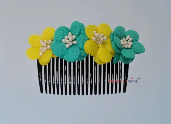 Yellow_And_Turquoise_Green_Floral_Hair_Comb_Pin_Floral_For_Women_And_Girls_Hair