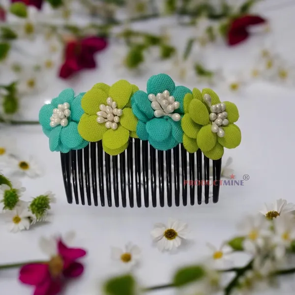 Green_And_Turquoise_Green_Floral_Hair_Comb_Pin_For_Women_And_Girls_Hair