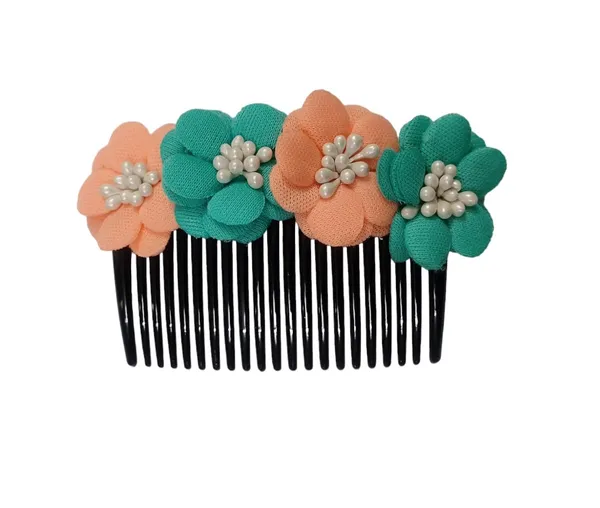 Peach_And_Green_Floral_Hair_Comb_Pin_Floral_For_Women_And_Girls_Hair