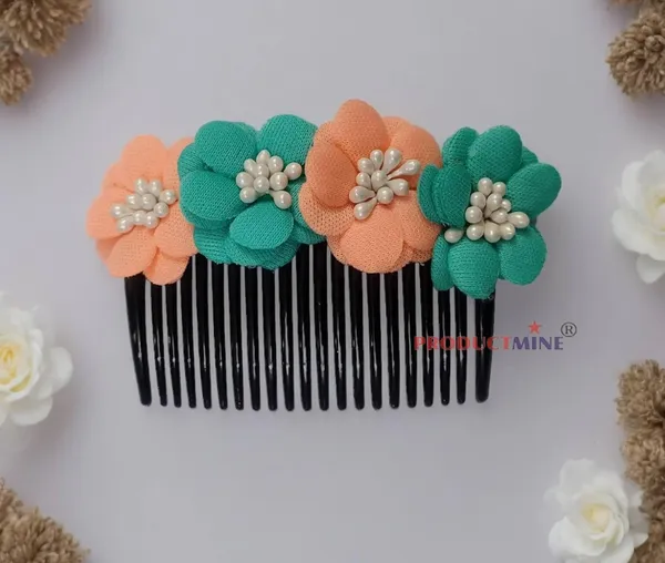 Peach_And_Green_Floral_Hair_Comb_Pin_Floral_For_Women_And_Girls_Hair