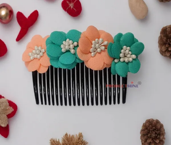 Peach_And_Green_Floral_Hair_Comb_Pin_Floral_For_Women_And_Girls_Hair
