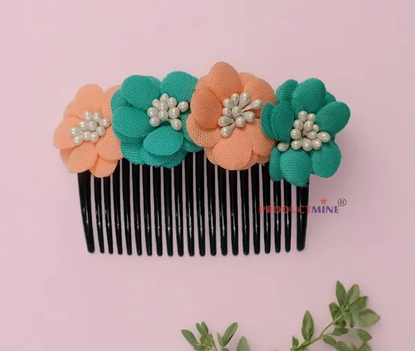 Peach_And_Green_Floral_Hair_Comb_Pin_Floral_For_Women_And_Girls_Hair