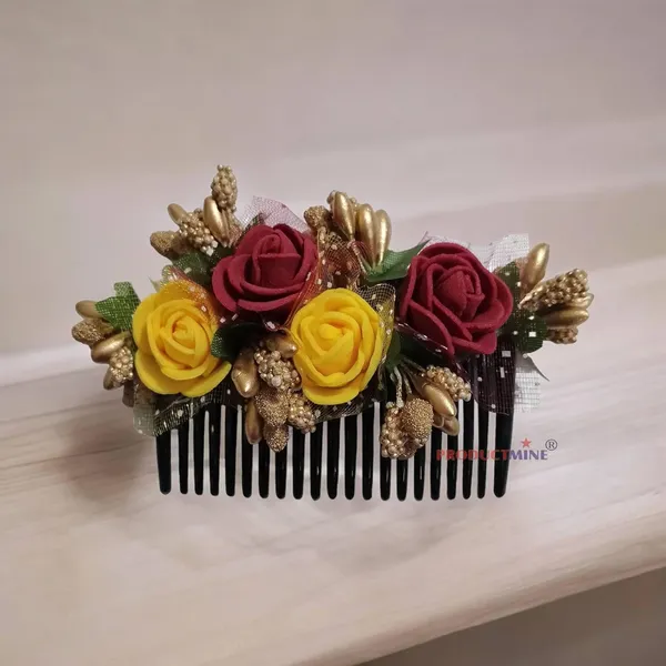Maroon_And_Yellow_Floral_Hair_Comb_Pin_Floral_For_Women_And_Girls_Hair