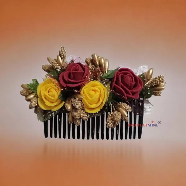 Maroon_And_Yellow_Floral_Hair_Comb_Pin_Floral_For_Women_And_Girls_Hair