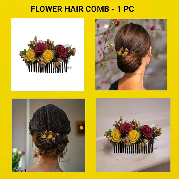 Maroon_And_Yellow_Floral_Hair_Comb_Pin_Floral_For_Women_And_Girls_Hair
