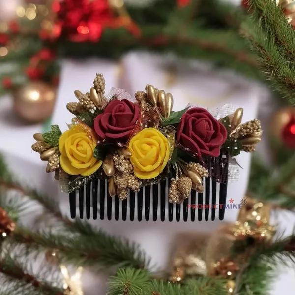 Maroon_And_Yellow_Floral_Hair_Comb_Pin_Floral_For_Women_And_Girls_Hair