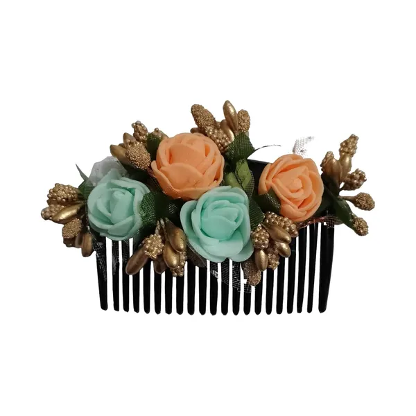 Orange_And_Aqua_Green_Floral_Hair_Comb_Pin_Floral_For_Women_And_Girls_Hair