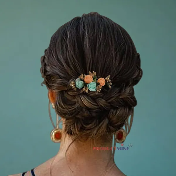 Orange_And_Aqua_Green_Floral_Hair_Comb_Pin_Floral_For_Women_And_Girls_Hair