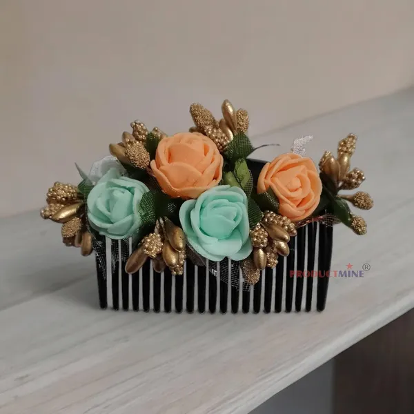 Orange_And_Aqua_Green_Floral_Hair_Comb_Pin_Floral_For_Women_And_Girls_Hair