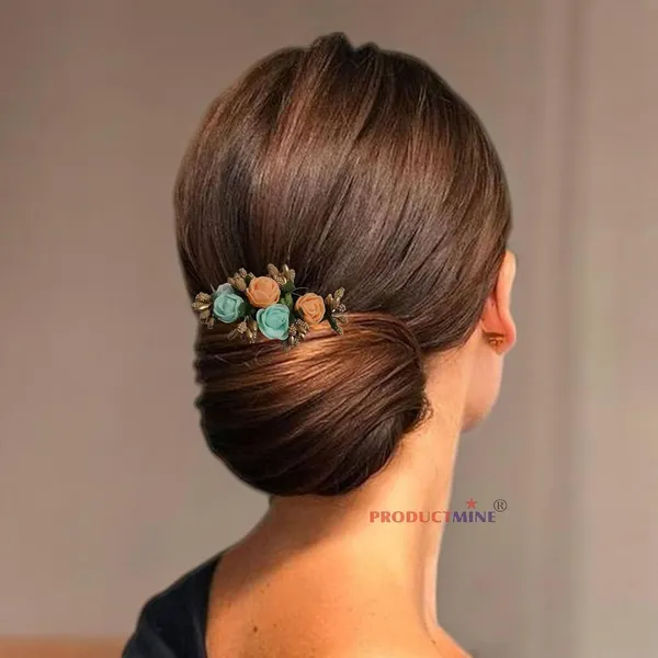Orange_And_Aqua_Green_Floral_Hair_Comb_Pin_Floral_For_Women_And_Girls_Hair