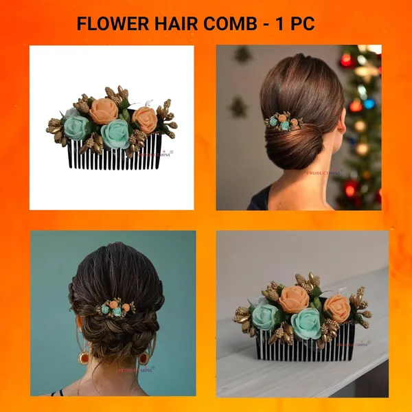 Orange_And_Aqua_Green_Floral_Hair_Comb_Pin_Floral_For_Women_And_Girls_Hair