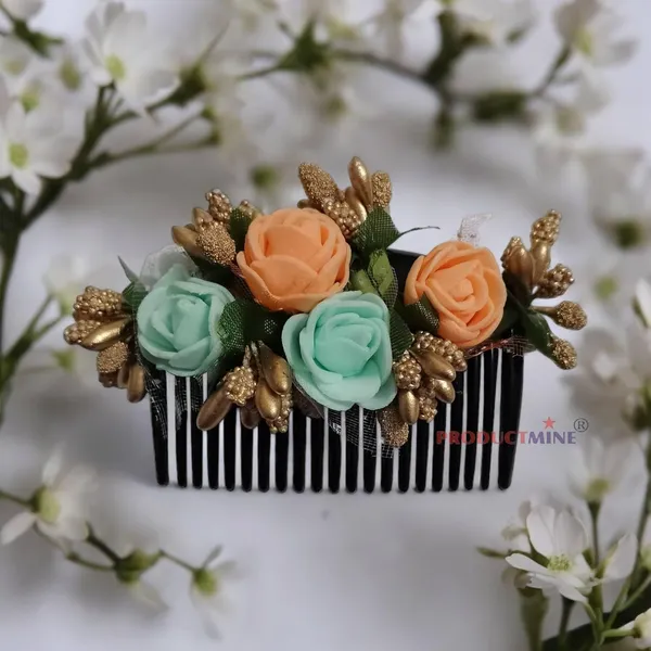 Orange_And_Aqua_Green_Floral_Hair_Comb_Pin_Floral_For_Women_And_Girls_Hair