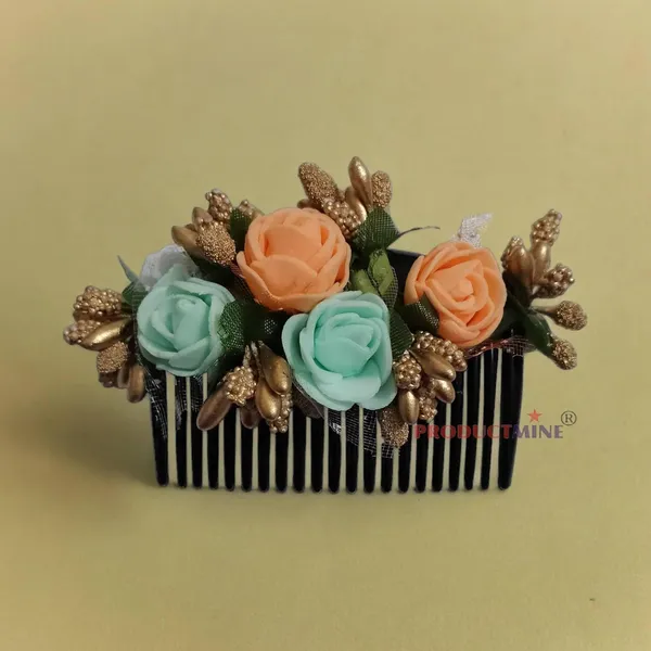 Orange_And_Aqua_Green_Floral_Hair_Comb_Pin_Floral_For_Women_And_Girls_Hair