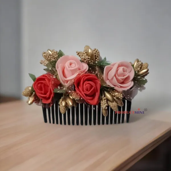 Red_And_Peach_Floral_Hair_Comb_Pin_Floral_For_Women_And_Girls_Hair