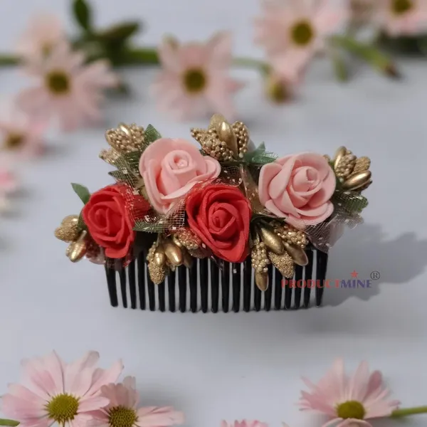 Red_And_Peach_Floral_Hair_Comb_Pin_Floral_For_Women_And_Girls_Hair