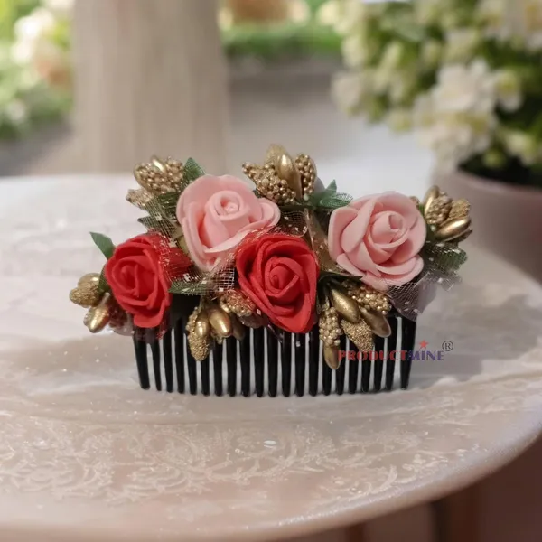 Red_And_Peach_Floral_Hair_Comb_Pin_Floral_For_Women_And_Girls_Hair