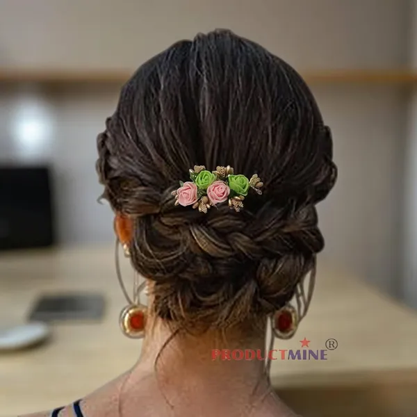 Peach_&_Green_Floral_Hair_Comb_Pin_Floral_For_Women_And_Girls_Hair