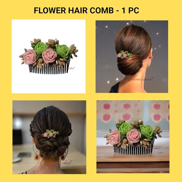 Peach_&_Green_Floral_Hair_Comb_Pin_Floral_For_Women_And_Girls_Hair