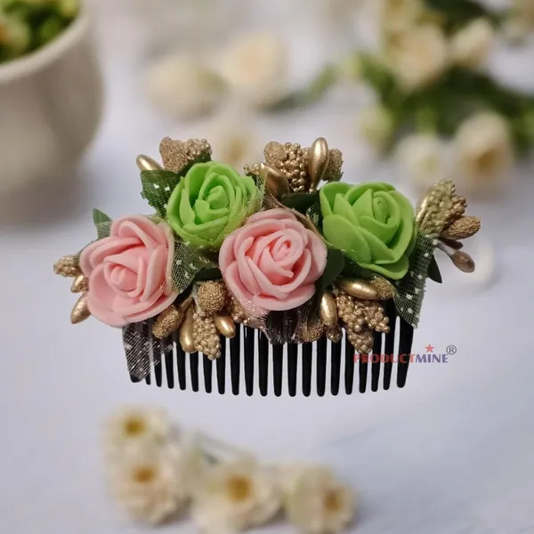 Peach_&_Green_Floral_Hair_Comb_Pin_Floral_For_Women_And_Girls_Hair