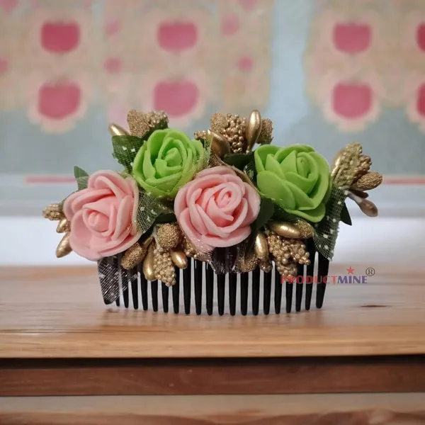 Peach_&_Green_Floral_Hair_Comb_Pin_Floral_For_Women_And_Girls_Hair