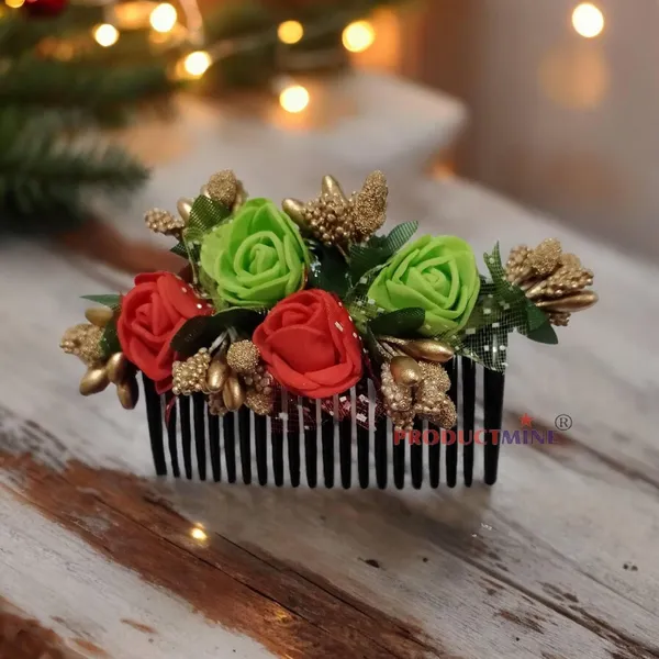 Red_&_Green_Floral_Hair_Comb_Pin_Floral_For_Women_And_Girls_Hair