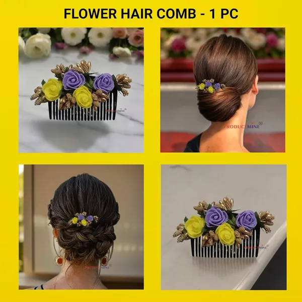 Purple__&_Yellow_Floral_Hair_Comb_Pin_Floral_For_Women_And_Girls_Hair