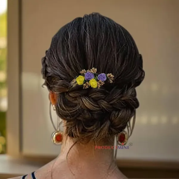 Purple__&_Yellow_Floral_Hair_Comb_Pin_Floral_For_Women_And_Girls_Hair