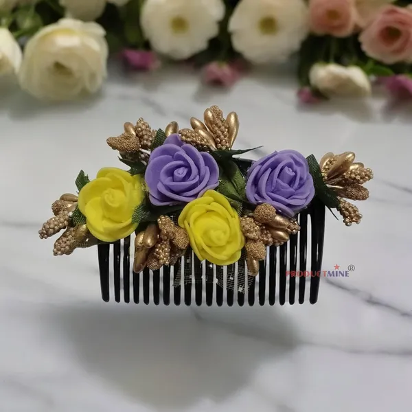 Purple__&_Yellow_Floral_Hair_Comb_Pin_Floral_For_Women_And_Girls_Hair