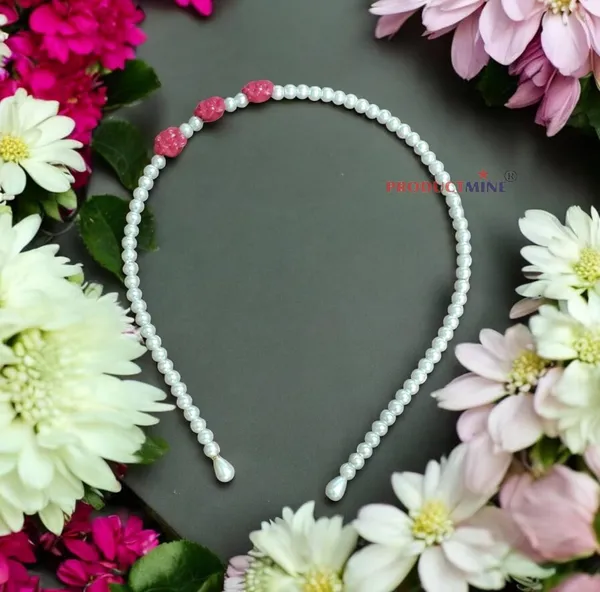 White_And__Magenta_Beaded_Hairband_Hair_Accessories_For_Women_And_Girls_T_:_1_Pc