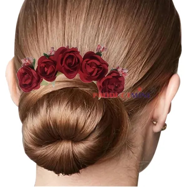 Maroon_Bridal_Hair_Bun_Pin_Accessories/Fancy_Golden_Juda_Pins_With_Artificial_For_Women_And_Girls_-_Set_Of_5_Pcs