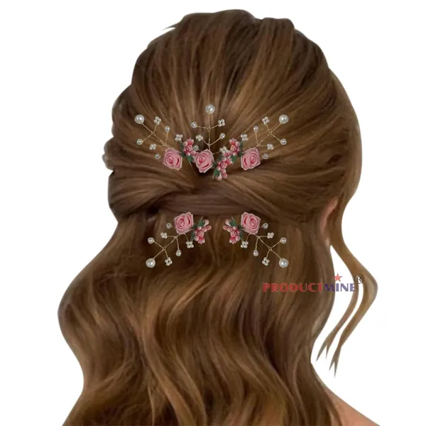 Peach_Bridal_Hair_Bun_Pin_Accessories/Fancy_Golden_Juda_Pins_With_Artificial_Peach_Rose_For_Women_And_Girls_-_Set_Of_5_Pcs
